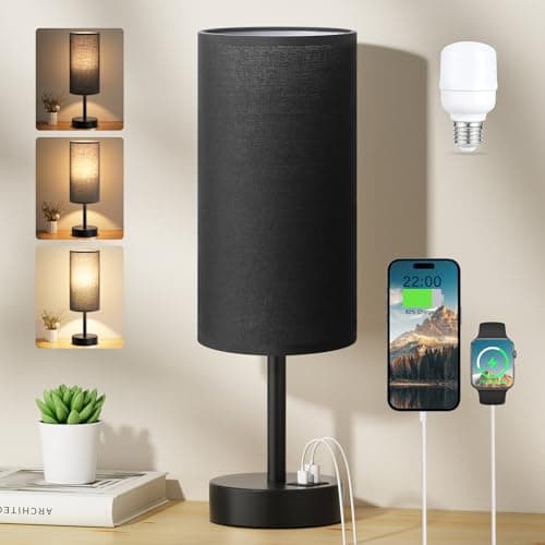 Image of Aooshine Black Touch Lamp, Bed Lamp with USB-C+A Charging Ports, Black Metal Base(Bulb Included)