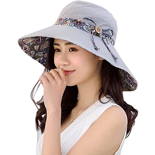 Image of LassZone Women Sun Protection Cotton Hats Summer UPF 50+ Sun Shade Flap Cover Cap with Neck Cover Cord for Womens Girls Grey