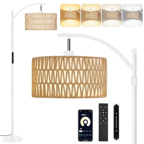 Image of OUTON Floor Lamp with Rattan & Linen Double Shades, 12W 1080LM, Height Adjustable, Touch Control & Remote & App Control, Dimmable & 3000K-6500K, LED Tall Boho Standing Lamp for Living Room, Bedroom