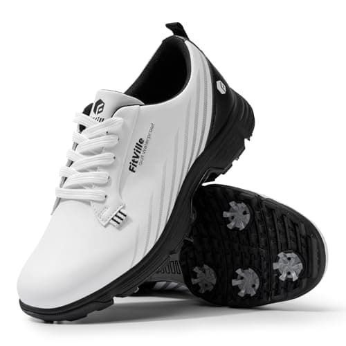 Image of FitVille Mens Golf Shoes Extra Wide Fit with Spikes Professional Spiked Golf Shoes for Men V2 White Black
