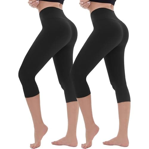 Image of AMIYOYO Cropped Leggings for Women 2 Pack High Waisted 3/4 Length Capri Leggings White Tummy Control Workout Yoga Gym Activewear