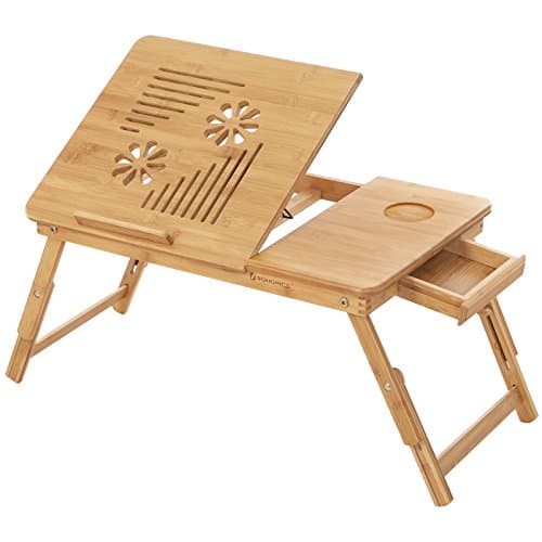 Image of SONGMICS Bamboo Laptop Desk, Foldable Bed Table, Height Adjustable Sofa Tray, with 5 Tilting Angles, Air Holes, Small Drawer, 55 x 35 x (21 - 29) cm LLD002