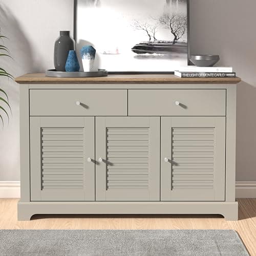 Image of GFW Salcombe 3 Door Large Sideboard - Sideboard Storage Cabinet with 3 Doors & 2 Drawers. Contemporary Sideboards for Living Room & Hallway (Light Grey, H74.7 x W116.1 x D39.8cm)