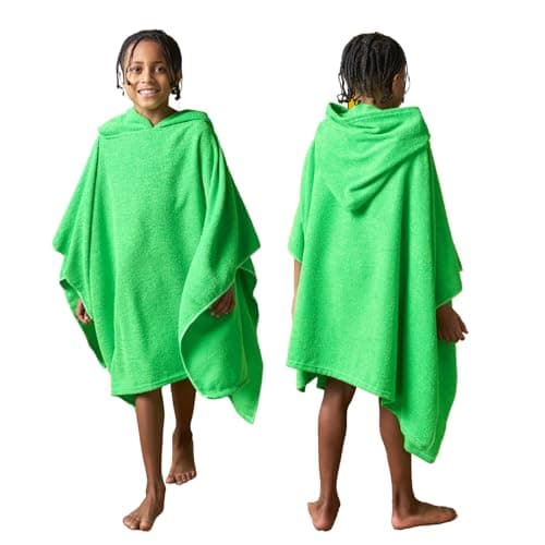 Image of Brentfords Childrens Beach Towels Poncho, Oversized Beach Towel Kids Poncho Towel for Swimming Beach Pool Travel Kids Changing Robe Hooded Towel Lightweight Privacy, Neon Green