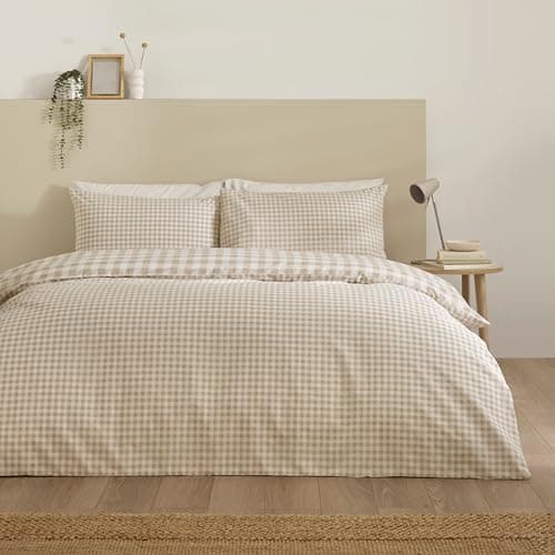 Image of Catherine Lansfield Bamford Gingham Check Reversible Single Duvet Cover Set with Pillowcase Natural