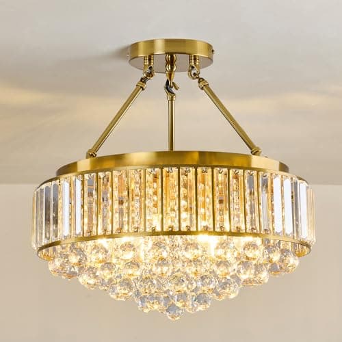 Image of EOPSPYI 6-Lights Modern Crystal Chandelier Gold Metal Semi Flush Mount Ceiling Light Fitting Round Ceiling Light for Dining Room Living Room Bedroom Bathroom Kitchen