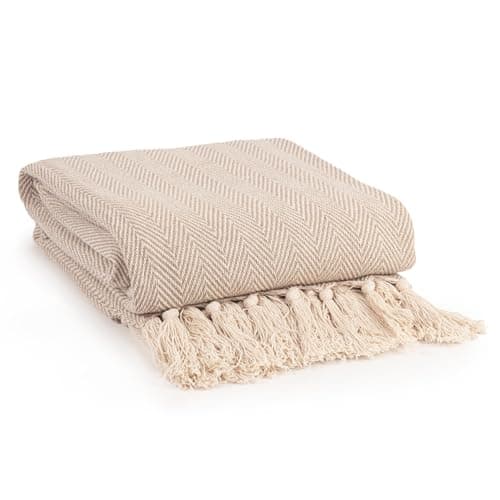 Image of EHC Large Natural Cotton Two Tone Herringbone Sofa Arm Chair Bedspread Settee Throw - 150 x 200cm