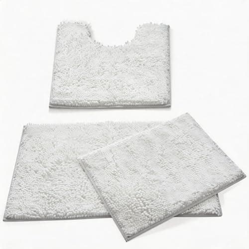 Image of MEGAROOM Non Slip Chenille Bath Mat Set - Bathroom Mat Set with U-Shaped Toilet Mat - Soft and Anti Mould Bath Mat 3 Pieces for Safety and Comfort, Water Absorbent and Quick Drying(White)