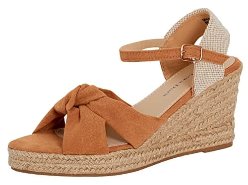 Image of Womens Open Toe Wedge Sandals Espadrille Wedges Strappy Hessian Ankle Wrap Shoes Tan UK 5
