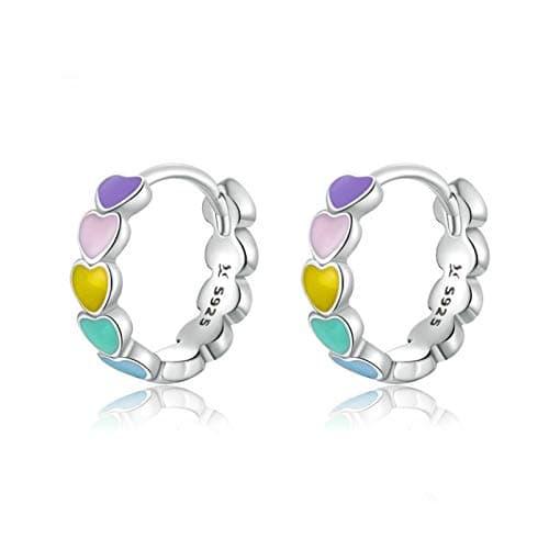 Image of AILUOR 925 Sterling Silver Hoop Earrings for Women, Rainbow Color Enamel Heart Hoop Earrings for Women Cartilage Cute Huggie Earrings Jewellery Birthday Valentine's Day Gifts (Silver)