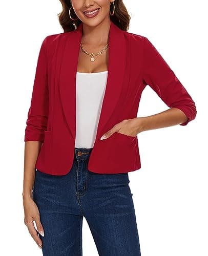 Image of MINTLIMIT Women Pockets Jackets Open Front Blazer Tailored Elegant Suit Jacket (Red S)
