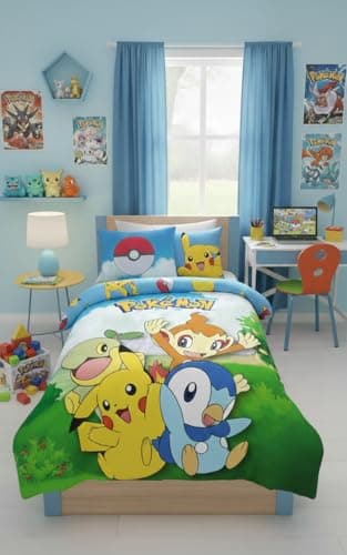 Image of Halantex Pokemon Reversible Bedding Set, 100% Cotton, Duvet Cover 140 x 200 cm + Pillowcase, with Tiplouf, Pikachu, Ouisticram and Tortipouss