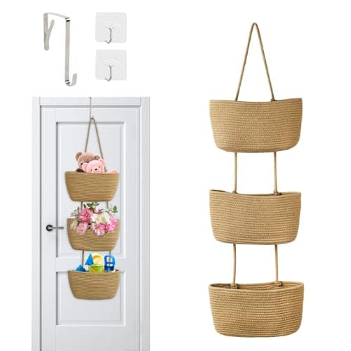 Image of JOAASU Over the Door Hanging Basket, 3-Tier Cotton Rope Woven Storage Basket, Decorative Hanging Baskets, Wall Mount Storage Baskets with Hooks for Bedroom, Bathroom, Nursery (Khaki)