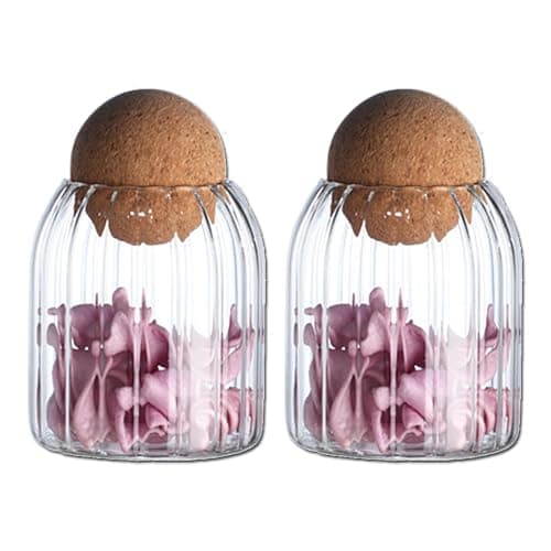Image of soulnioi 2PCS Petal Glass Jar Sealed Tea Jar Food Grade Large Capacity Sugar Jar Striped Storage Jar Round Glass Jar (Stripe 500ml)