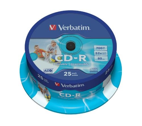 Image of Verbatim CD-R AZO 700MB 52x Wide Inkjet Printable Blank Discs, Full Face ID Branded Recordable CDs, 25 Pack