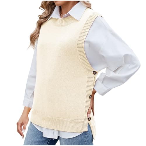 Image of Beige Sleeveless Jumpers for Women UK Knitted Vest Crew Neck Jumper Knit Sleeveless Vest Ladies Side Buttons Jumper Ribbed Knit Sweater Tank Tops Pullover Jumper Top Knitwear Casual Jumpers