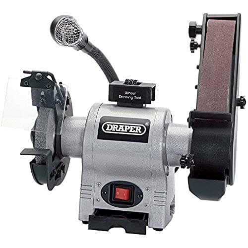Image of Draper 370W Bench Grinder and Sanding Belt | Powerful Motor Tool Sharpener | Integrated Worklight | Adjustable Eye Shield and Dust Extractor | 05096