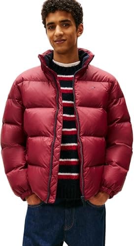 Image of Tommy Jeans Men’s Warm Essential Down Puffer Jacket, Red (Red Wine), XS