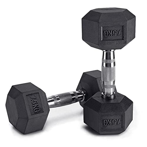 Image of Lions Hex Dumbbells Set, Rubber Encased Cast Iron Black Dumbbell Weight Pair with Metal Handle, Full Body Workout Strength Training Home Gym, 7.5kg, 10kg, 12.5kg, 15kg, Free Weights