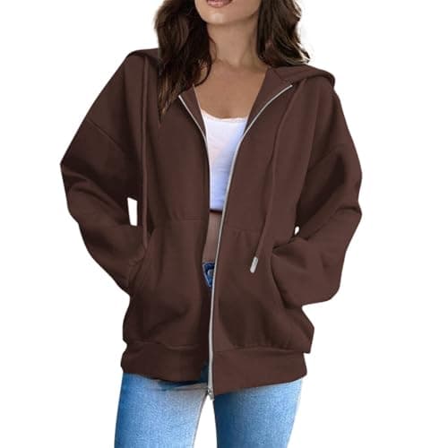 Image of Women's Hoodie Full-zip Hoodie Zip-up Hooded Sweatshirt for Women Warm Up Track Jacket Oversized Casual Sweatshirts Plain Loose Long Sleeve Hoodies Lightweight Basic Hooded Sweatshirt Coffee