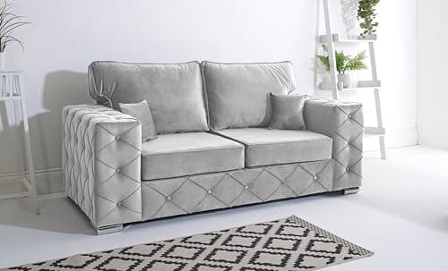 Image of Sofahub Milton Plush Velvet Living Room Sofa Set - Button Tufted Design, Foam Seats & Chrome Feet | 2 Seater, 3 Seater, 3+2 & Corner Sofa Options - Fullback Sofa (Silver, 3 seater)