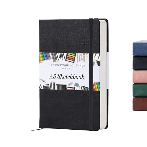 Image of BROWNSTONE JOURNALS A5 Sketch Book Hardcover - 80 Sheets 100 GSM Paper 5"x8", Lay Flat, Vegan Leather Cover, Elastic Band, Back Pocket, Art Drawing Book (Charcoal Black)
