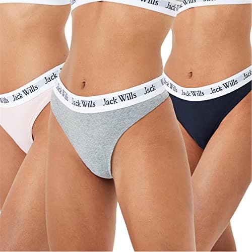 Image of Jack Wills Womens Deptford Multipack Thong 3 Pack Briefs Cotton Stretch Pink/Navy/Grey 12 (M)