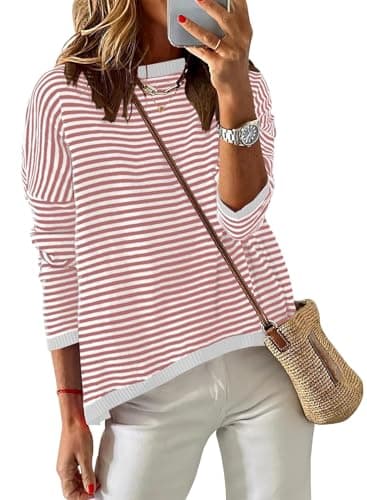 Image of Cuptacc Ladies Jumpers Striped Women's Sweatshirts Women Cotton Tops Stylish Ladies Tee Shirts PinkWhite M 12-14