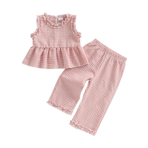 Image of Geagodelia Kids Toddler Baby Girls Summer Clothes Set Gingham Print Ruffled Trim Sleeveless Peplum Tops and Trousers Cute 2 Piece Outfit (Pink, 2-3 Years)