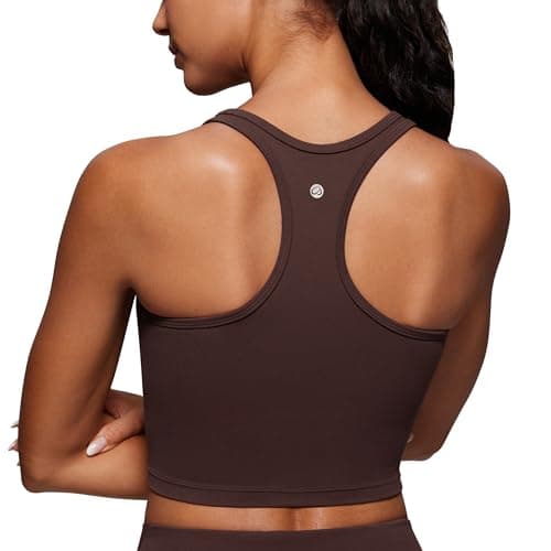 Image of CRZ YOGA Women's Butterluxe Racerback Sports Bra Wireless Padded Crop Top Longline Workout Vest Tank Tops with Built in Bra Hot Fudge Brown M