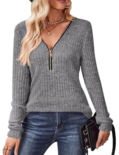 Image of Gemulate Sweater Women Jumper with Large Zip Ladies Nice Sweater Warm Jumper Bright Sweaters Tshirt Womens Long Sleeve v Neck Tops Iron Grey L