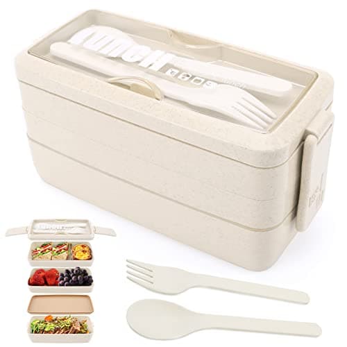 Image of Yirochan 3 Layer Lunch Box Bento Box for Adults, 4-in-1 Meal Prep Container with Fork & Spoon, 1000ml Food Storage Box for Men Women Student School Office, Microwave Dishwasher Safe Available (Beige)