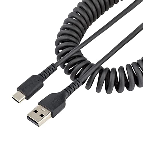 Image of StarTech.com 3ft (1m) USB A to C Charging Cable, Coiled Heavy Duty Fast Charge & Sync USB-C Cable, USB 2.0 A to Type-C Cable, Rugged Aramid Fiber, Durable Male to Male USB, Black (R2ACC-1M-USB-CABLE)