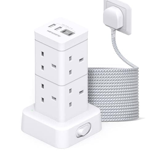 Image of Tower Extension Lead 3M with USB C Slots, 8 Way Outlets Power Strip [13A 3250W], White Surge Protected Extension Lead, Versatile Multi Plug Extension Socket for Home Office, Living Room