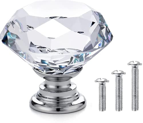 Image of Vandicka 4 Pack 30mm Crystal Glass Cabinet Door Knobs Cupboard Dresser Wardrobe Drawer Pull Handles (Clear Diamond + Chrome Base) with Screws in 3 Sizes
