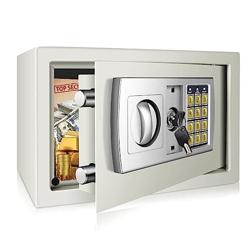 Image of 8.5L Electronic Safe Box with Digital Keypad and Key, Security Home Safe for jewelry Cash Documents, Fireproof and Waterproof WallSafes, Wall And Floor Fixings, 31x20x20cm, White