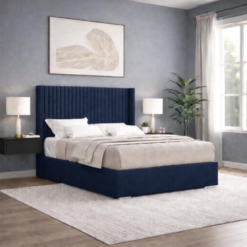 Image of Bespoke Oxford Carita Bed Frame - Hand Made in the UK - Double/King/Super King Size Plush Velvet Fabric Upholstered (Double 4ft6 with Mattress, Navy Blue Plush)