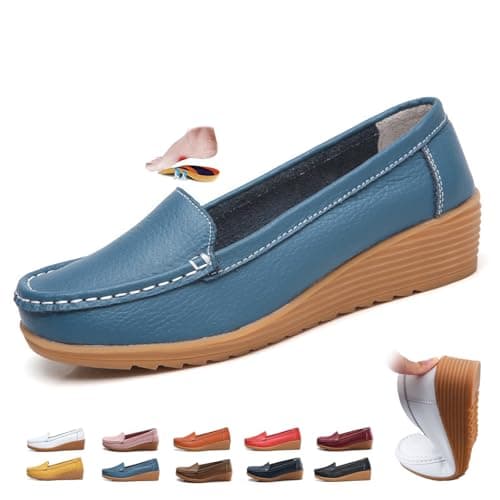 Image of Women's Leather Moccasins, Orthopedic Wedge Loafers Classic Slip-On Loafers Walking Boat Shoe Casual Driving Office Nursing Shoes (Blue,40EU)
