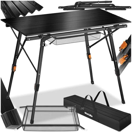 Image of tectake® Premium Camping Table, Adjustable Height, Lightweight Aluminium, Weather-Resistant, Easy Setup with Storage Net, fold away table Includes Dual-Handle Carry Bag 90x52x47-70 cm - Black