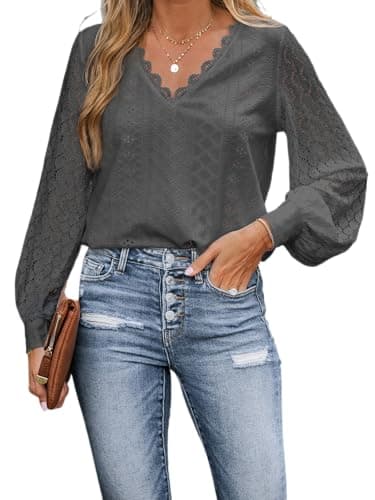 Image of CUPSHE Women Blouse Cutout Scalloped Lace Top Long Lace Sleeves V Neck Banded Cuffs Chic Elegance Shirt Dark Grey M