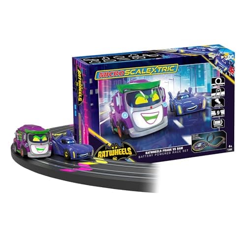 Image of Micro Scalextric G1186M Batwheels Bam vs Prank Battery Powered Race Set -Slot Car racing for Kids age 4 + with stunt loop race track