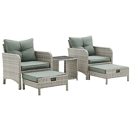 Image of Home Detail Rattan Garden Furniture Set Outdoor Patio Lounge Chair Duo with Pull Out Footstools & Coffee Table (Grey)