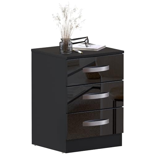 Image of Vida Designs High Gloss Chest Of Drawers Black, 3 Drawer With Metal Handles and Runners, Unique Anti-Bowing Drawer Support, Bedroom Furniture