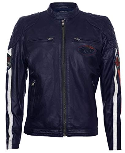 Image of Men's Navy Leather Biker Racing Fashion Motorcycle Jacket with White Stripes and Badges S