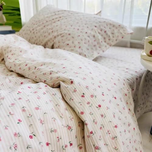 Image of Michorinee Floral Double Duvet Cover Set Pink Roses Flowers Pattern Bedding Vintage Beige Striped Microfiber Quilt Cover with Zipper Closure and 2 Pillow Cases 50 x 75 cm Easy Care