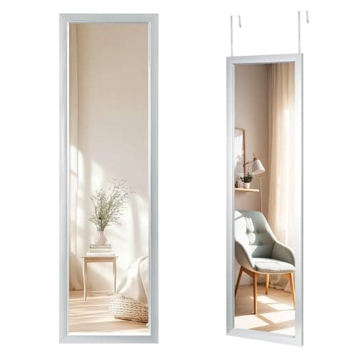 Image of CROWNSHOP Full Length Mirror 110x33cm - Over The Door Mirror with Adjustable Hooks | Wall Mounted Large HD Tempered Glass Full Body Mirrors for Bedroom, Bathroom, Wardrobe (Silver)