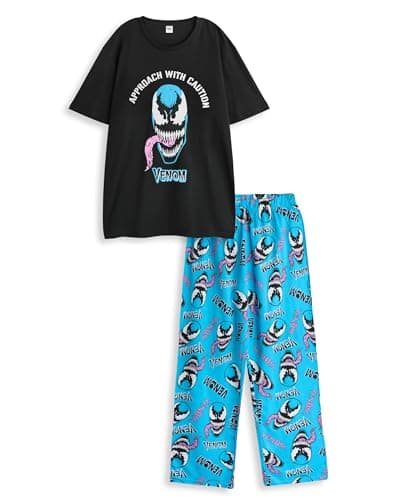 Image of Marvel Venom Mens Graphic Tee in Black | Approach with Caution Venom Short Sleeve T-Shirt | Classic Crew Neck Relaxed Fit | Black & Blue Comic Character Sleepwear