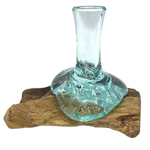 Image of Ancient Wisdom Handcrafted Molten Glass Small Flower Vase on Wood - Eco-Friendly, Natural House-Plant Décor, Recycled Glass and Gamal Wood Vase, Unique Home Décor Piece from Indonesia