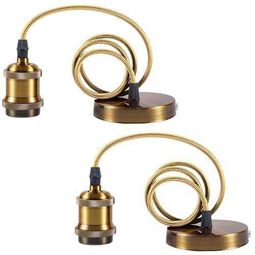 Image of Sevenpers Light Fittings Ceilings, 2 Pack E27 Vintage Pendant Light Fitting in Antique Brass with Ground Wire and 90cm Braided Cable