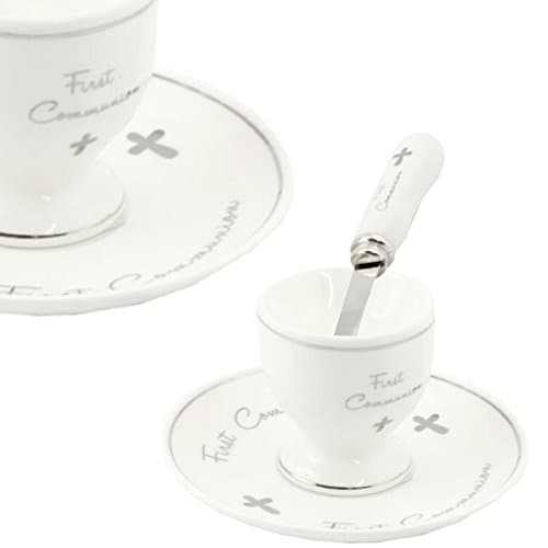 Image of White & Silver Fine China 'First Communion' Egg Cup, Plate & Spoon Set